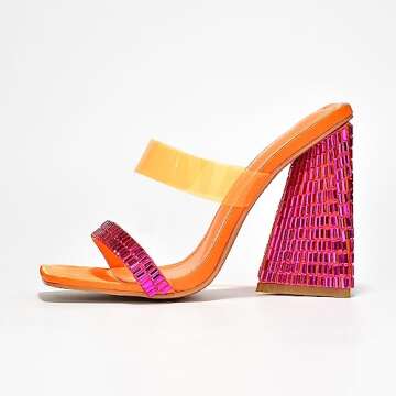 Cape Robbin Milus Slip On Block Funky Heels for Women - Bright Colorful Heels - Square Toe Chunky High Heeled Sandals - Rhinestone Embellished - Orange Size 10