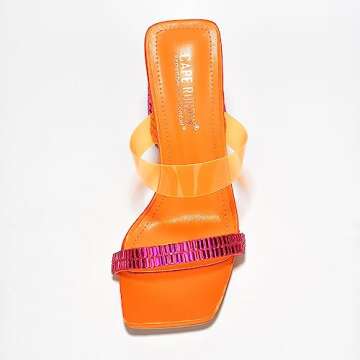 Cape Robbin Milus Slip On Block Funky Heels for Women - Bright Colorful Heels - Square Toe Chunky High Heeled Sandals - Rhinestone Embellished - Orange Size 10