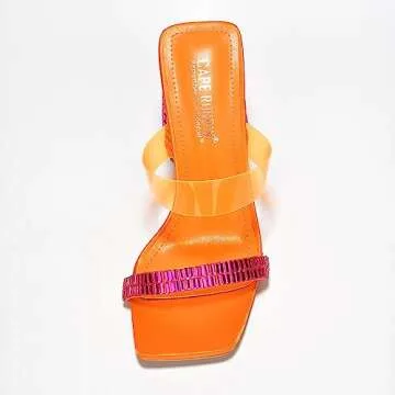 Cape Robbin Milus Slip On Block Funky Heels for Women - Bright Colorful Heels - Square Toe Chunky High Heeled Sandals - Rhinestone Embellished - Orange Size 10