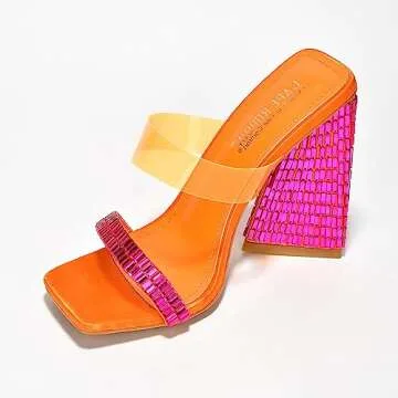 Cape Robbin Milus Slip On Block Funky Heels for Women - Bright Colorful Heels - Square Toe Chunky High Heeled Sandals - Rhinestone Embellished - Orange Size 10