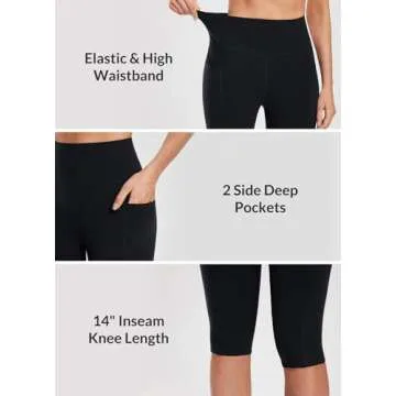 BALEAF Women's Knee Length Cotton Capri Leggings with Pockets