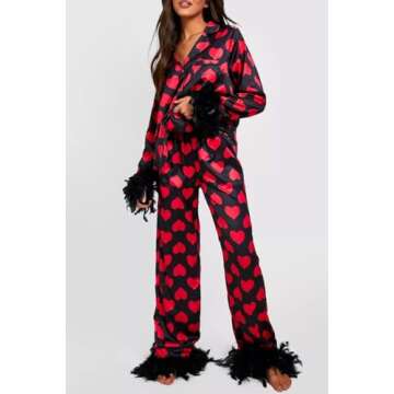 Yiulangde Valentine's Day Satin Pajamas for Women Button Down Love Heart Silk Pajama Set with Feathe...
