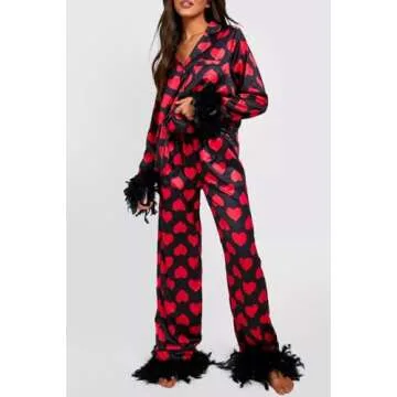 Yiulangde Valentine's Day Satin Pajamas for Women Button Down Love Heart Silk Pajama Set with Feathe...