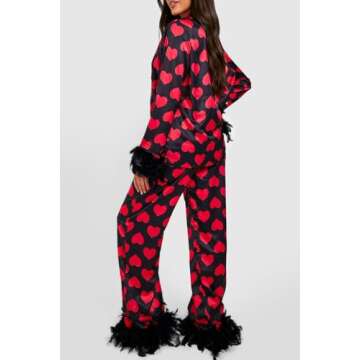 Yiulangde Valentine's Day Satin Pajamas for Women Button Down Love Heart Silk Pajama Set with Feathers PJ Pants Sleepwear Lounge Sets