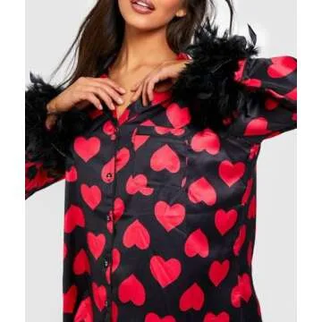 Yiulangde Valentine's Day Satin Pajamas for Women Button Down Love Heart Silk Pajama Set with Feathers PJ Pants Sleepwear Lounge Sets