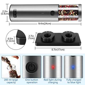 PRIME, Electric Salt and Pepper Grinder Set, 2 Mills, Rechargeable, With Charging Base, USB Cable, P...