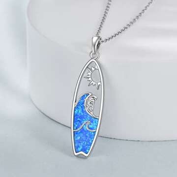 YONFQE Surfboard Necklace Opal Sterling Silver Surfer Pendant Surfing Gift Ocean Wave Jewelry for Wo...
