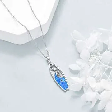 YONFQE Surfboard Necklace Opal Sterling Silver Surfer Pendant Surfing Gift Ocean Wave Jewelry for Women Men