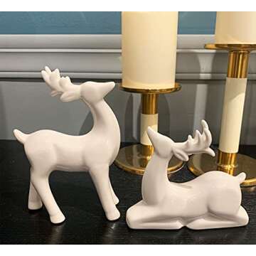 Porcelain Christmas Reindeer Figurines, Pack 2 Mini Animal Reindeer Decor Deer Statues Sculpture Tabletop Ornaments for Cabinet Mantel Shelves Fireplace Home Décor Accents Collectible Figurines