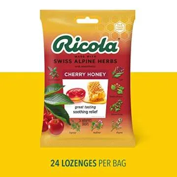 Ricola Cherry Honey Throat Drops, 24 Drops, Naturally Soothing Relief that Lasts for Scratchy, Hoars...
