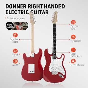 Donner 39-Inch Electric Guitar Starter Kit with Solid Body, HSS Pickup, Accessories, Amplifier, Lessons, and Digital Tuner - Red
