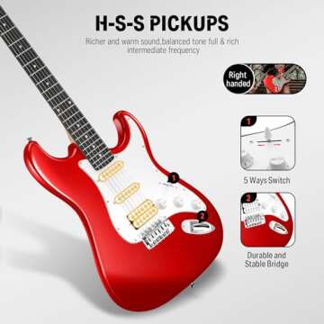 Donner 39-Inch Electric Guitar Starter Kit with Solid Body, HSS Pickup, Accessories, Amplifier, Lessons, and Digital Tuner - Red
