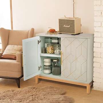 HLR Green Accent Cabinet with Gold Trim,Storage Cabinet with 2 Doors,Modern Wooden Sideboard for Living Room, Kitchen, Office and Hallway