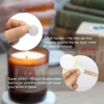 Aubeco 720PCS Candle Wicks for Candle Making, Candle Wick Stickers, Heat Resistance Double-Sided Stickers with The Little ‘‘Tail’’, Stickers for Candle Making