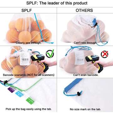 SPLF 18 Pcs Heavy Duty Reusable Mesh Produce Bags, Barcode Scanable See Through Food Safe Mesh Bags with Drawstring for Fruits, Vegetable, Food, Toys, Grocery Storage
