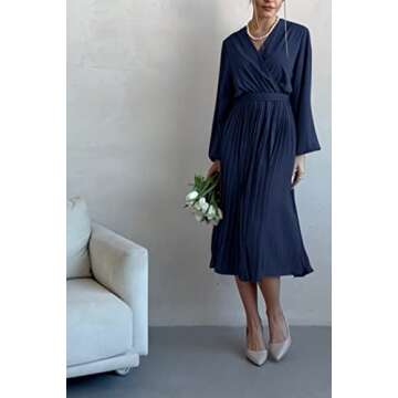 PRETTYGARDEN Women's Spring Midi Dress Long Puff Sleeve Wrap V Neck Flowy Ruffle Pleated Casual Fall Dresses (Navy,XX-Large)
