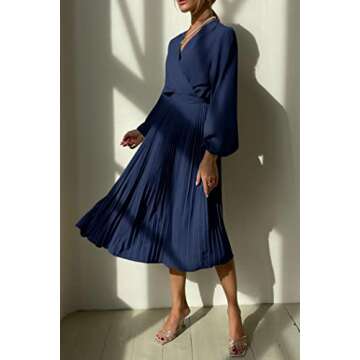 PRETTYGARDEN Women's Spring Midi Dress Long Puff Sleeve Wrap V Neck Flowy Ruffle Pleated Casual Fall Dresses (Navy,XX-Large)
