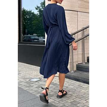 PRETTYGARDEN Women's Spring Midi Dress Long Puff Sleeve Wrap V Neck Flowy Ruffle Pleated Casual Fall Dresses (Navy,XX-Large)