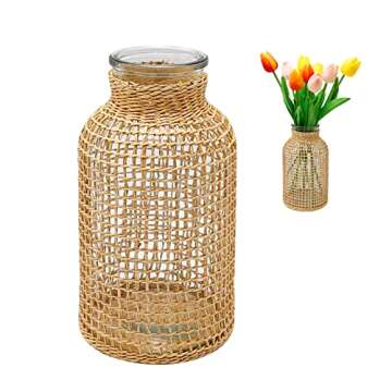 MDEOOSKY Straw Woven Glass Vase 7.87''x1.96''x4.13''Boho Glass Flower Vase Country Rustic Style Vase...