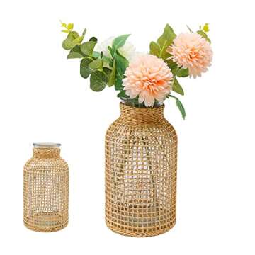 MDEOOSKY Straw Woven Glass Vase 7.87''x1.96''x4.13''Boho Glass Flower Vase Country Rustic Style Vase Glass Vase for Floral Arrangements Bottle Height (B Style 7.87IN)