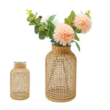 MDEOOSKY Straw Woven Glass Vase 7.87''x1.96''x4.13''Boho Glass Flower Vase Country Rustic Style Vase Glass Vase for Floral Arrangements Bottle Height (B Style 7.87IN)