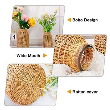 MDEOOSKY Straw Woven Glass Vase 7.87''x1.96''x4.13''Boho Glass Flower Vase Country Rustic Style Vase Glass Vase for Floral Arrangements Bottle Height (B Style 7.87IN)