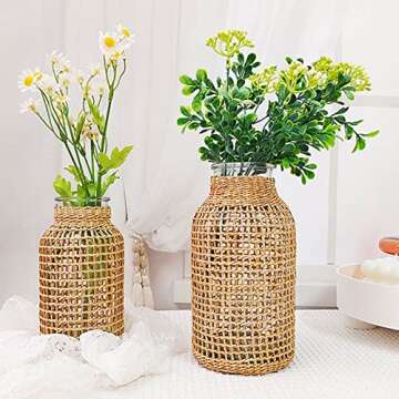 MDEOOSKY Straw Woven Glass Vase 7.87''x1.96''x4.13''Boho Glass Flower Vase Country Rustic Style Vase Glass Vase for Floral Arrangements Bottle Height (B Style 7.87IN)