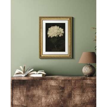 VIYYIEA Gold Framed Wall Art Canvas Print Home Decor Vintage Flower Art Aesthetic Room Decor White Hydrangea Oil Painting Canvas Prints Bedroom Bathroom Wall Decor Kitchen Office Floral Art 11x14in