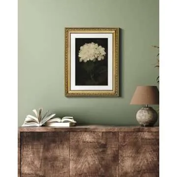 VIYYIEA Gold Framed Wall Art Canvas Print Home Decor Vintage Flower Art Aesthetic Room Decor White Hydrangea Oil Painting Canvas Prints Bedroom Bathroom Wall Decor Kitchen Office Floral Art 11x14in