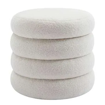 ONEVOG Sherpa Storage Ottoman, Foot Rest Stool Seat for Living Room, Off-White Vanity Foot Pouf, Tufted Footstool with Removable Lid for Dorm, Bedroom