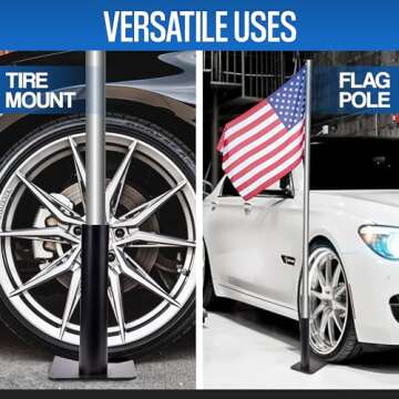 ALPHABET WONDERS Flagpole Tire Mount - Portable Base Stand Holder with Base, Fits 2.5'' Large Diameter Flag Pole for Car, Camping, Tailgating - Complete with Microfiber Cleaning Cloth