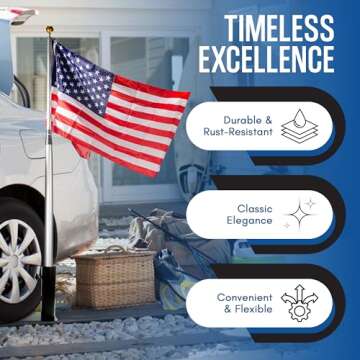 ALPHABET WONDERS Flagpole Tire Mount - Portable Base Stand Holder with Base, Fits 2.5'' Large Diameter Flag Pole for Car, Camping, Tailgating - Complete with Microfiber Cleaning Cloth