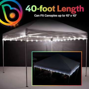 Brightz LED Canopy Lights, White - Outdoor Canopy Tent Lights for 10ft x 10ft Tents - Football Tailgate Essentials & Accessories - 40ft String Light