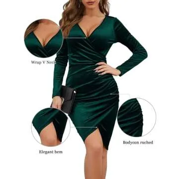 GUBERRY Fall Wedding Guest Dresses for Women Long Sleeve Christmas Holiday Cocktail Party Velvet Dress 2024(Large,Green)