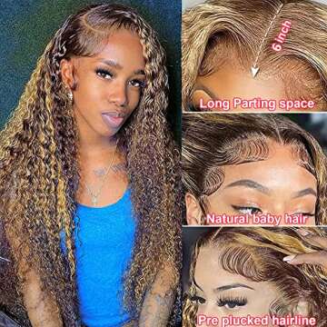 Juvid 32 Inch 13x6 Highlight Lace Front Wigs Human Hair 180 Density Curly Ombre Honey Blonde 4/27 HD...