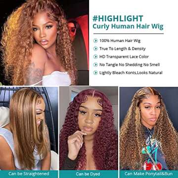 Juvid 32 Inch 13x6 Highlight Lace Front Wigs Human Hair 180 Density Curly Ombre Honey Blonde 4/27 HD Transparent Lace Front Wig for Black Women Lace Frontal Wig Human Hair Pre Plucked with Baby Hair