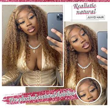 Juvid 32 Inch 13x6 Highlight Lace Front Wigs Human Hair 180 Density Curly Ombre Honey Blonde 4/27 HD Transparent Lace Front Wig for Black Women Lace Frontal Wig Human Hair Pre Plucked with Baby Hair