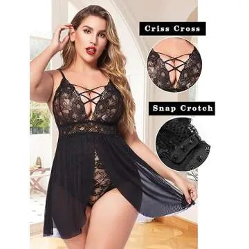 Avidlove Plus Size Lace Chemsie Woman Lingerie Babydoll Sleepwear Bridal Nightdress (Black, XXL)