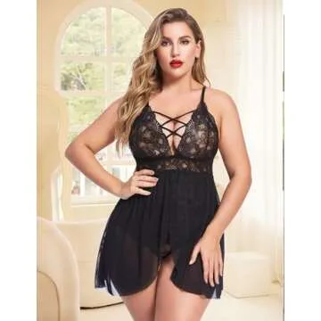 Avidlove Plus Size Lace Chemsie Woman Lingerie Babydoll Sleepwear Bridal Nightdress (Black, XXL)