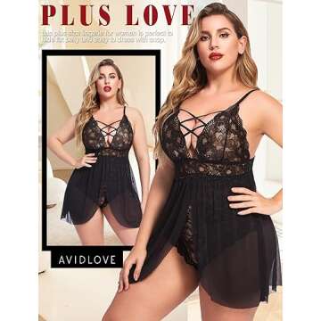 Avidlove Plus Size Lace Chemsie Woman Lingerie Babydoll Sleepwear Bridal Nightdress (Black, XXL)