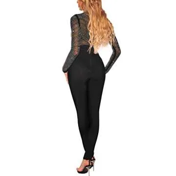 SEBOWEL Women Rhinestone Studded Bodysuit Sheer Mesh See Through Jumpsuits Rompers Top, Black, XXL