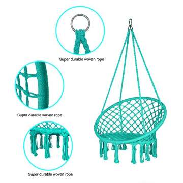 LAZZO Round Hammock Chair with Hanging kit, Hanging Knitted Mesh Cotton Rope Macrame Swing, 260 Pounds Capacity, 23.6" Seat Width,for Bedroom, Outdoors, Garden, Patio, Yard. Child, Girl, Adult (Blue)