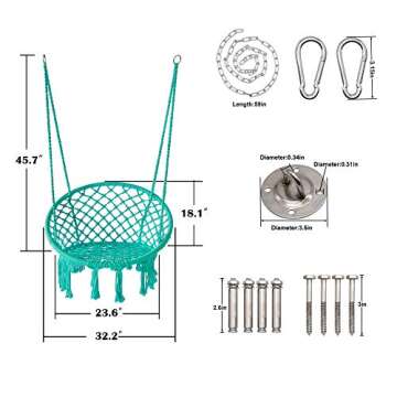 LAZZO Round Hammock Chair with Hanging kit, Hanging Knitted Mesh Cotton Rope Macrame Swing, 260 Pounds Capacity, 23.6" Seat Width,for Bedroom, Outdoors, Garden, Patio, Yard. Child, Girl, Adult (Blue)