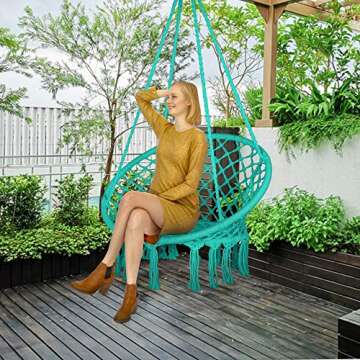 LAZZO Round Hammock Chair with Hanging kit, Hanging Knitted Mesh Cotton Rope Macrame Swing, 260 Pounds Capacity, 23.6" Seat Width,for Bedroom, Outdoors, Garden, Patio, Yard. Child, Girl, Adult (Blue)