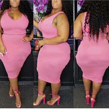 IyMoo Womens Sexy Plus Size 2 Piece Midi Dress Outfits - Sleeveless Solid Color Tank Crop Top Bodycon Skirts Set Pink 4XL