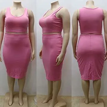IyMoo Womens Sexy Plus Size 2 Piece Midi Dress Outfits - Sleeveless Solid Color Tank Crop Top Bodycon Skirts Set Pink 4XL