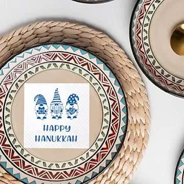 SharkBliss Happy Hanukkah Napkins, 100 Pack Happy Hanukkah Gnome Menorah Decoupage Beverage Paper Cocktail Napkins for Hanukkah Holiday Festival Party Dinner Table Decor 2-Ply 5x5" (Hanukkah Gnome)