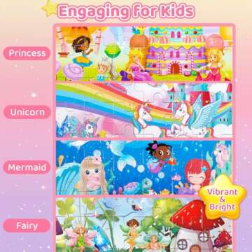 Wooden Puzzles for Kids Ages 3-6+ Unicorn Mermaid Princess Fairy 4 Pack Puzzles for Girls, 24-Piece ...