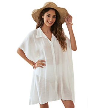 SweatyRocks Women's Button Up Tie Front Kimono Short Sleeve Swimwear Cover Up White S