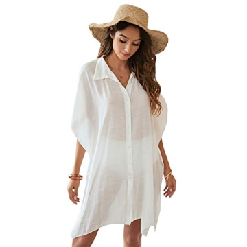 SweatyRocks Women's Button Up Tie Front Kimono Short Sleeve Swimwear Cover Up White S